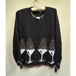 Vintage Northern Isles Womens Large Black Ramie Embellished Cardigan Sweater